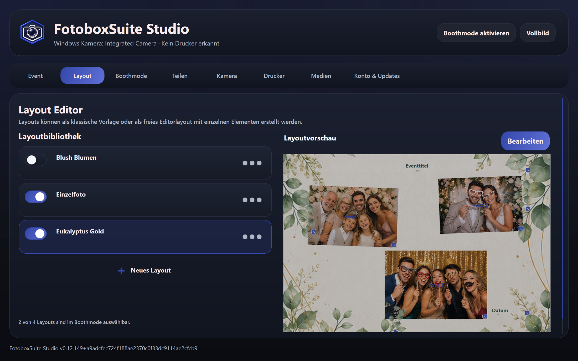 Screenshot des FotoboxSuite Layout Editors mit Layoutvorschau